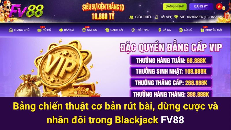 Bảng chiến thuật cơ bản rút bài, dừng cược và nhân đôi trong Blackjack FV88 
