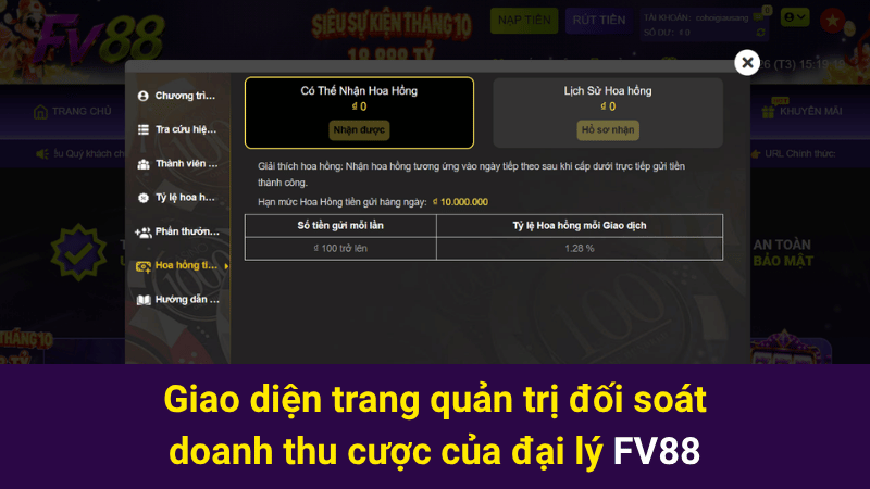 Giao diện trang quản trị đối soát doanh thu cược của đại lý FV88