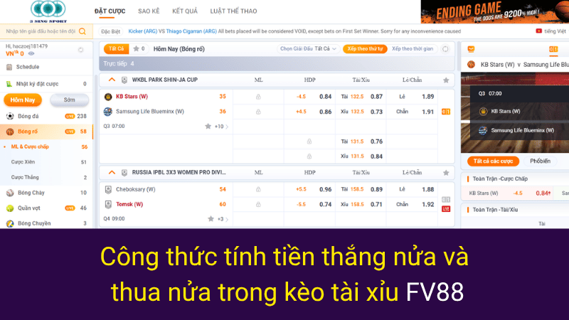 Công thức tính tiền thắng nửa và thua nửa trong kèo tài xỉu FV88